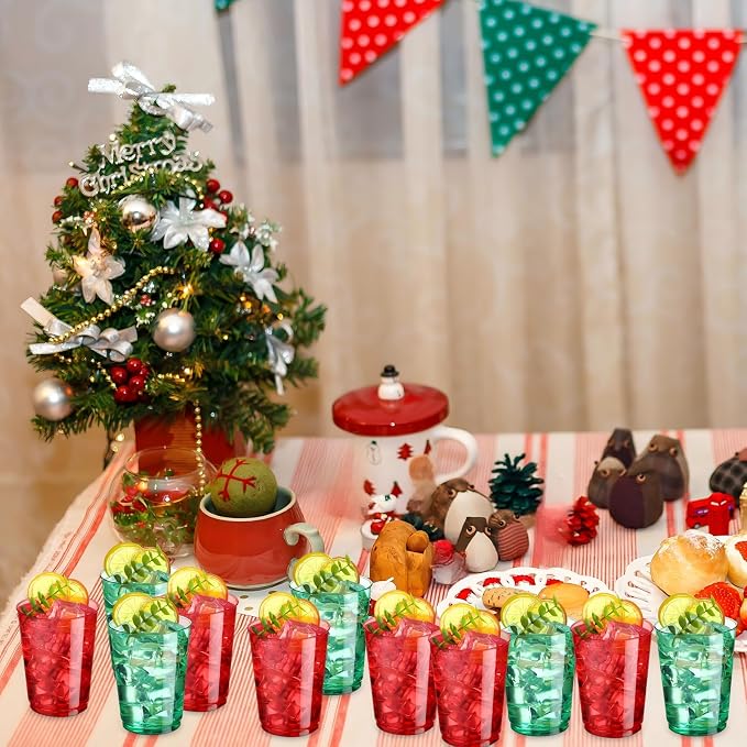 Teenyyou 150 Pcs Christmas Plastic Cups 10 oz Disposable Xmas Cups Heavy Duty Plastic Cup Red and Green Cocktail Cup Drinking Tumblers for Christmas Party Holiday Supplies