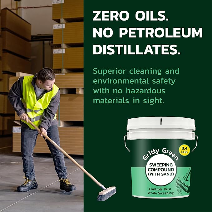 Gritty Green Sweeping Compound with Sand – Effective Dust Control on Cement & Unfinished Floors, Grit and Sand Breaks Up Loose Dust for an Even Deeper Clean, Oil Free, Made in USA (8.4 lbs)