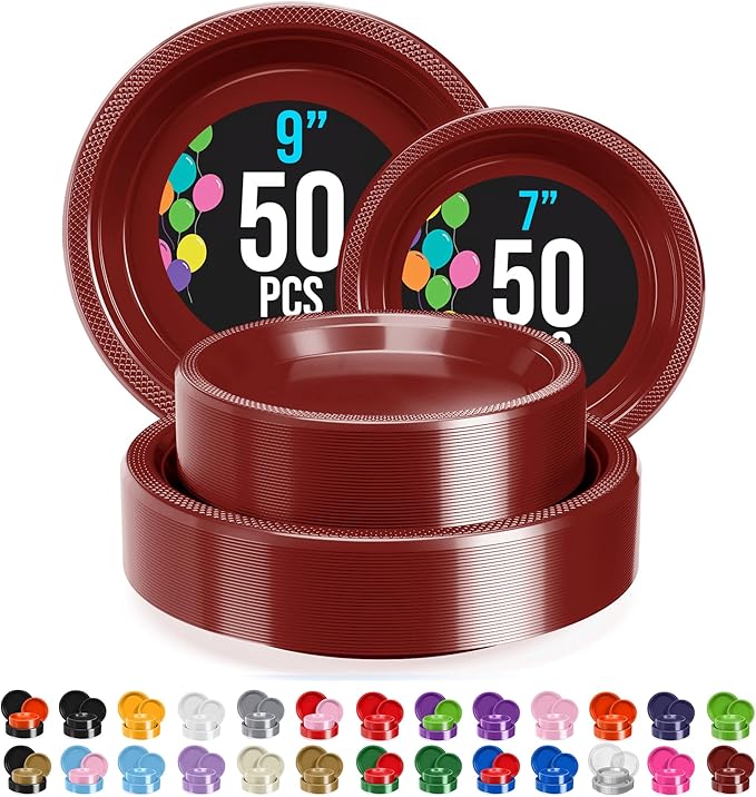 Exquisite Party Solids Burgundy Plates Disposable Burgundy Plastic Plates 100 Pieces - 50-7" & 50-9" Heavy Duty 350 GSM Disposable Dinnerware Sets, Plastic Dinnerware Sets