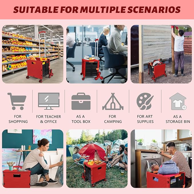 FELICON SELORSS Folding Utility Cart Portable Rolling Crate Handcart with Stair Climbing Wheels&360°Swivel Wheels Telescoping Handle Plastic Box Dolly for Travel Shop Move Office Teacher Use(Red)