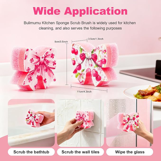 Bulimumu Kitchen Sponge Composite Swedish Dish Clothes (6, Pink Bow（6 Pack）)