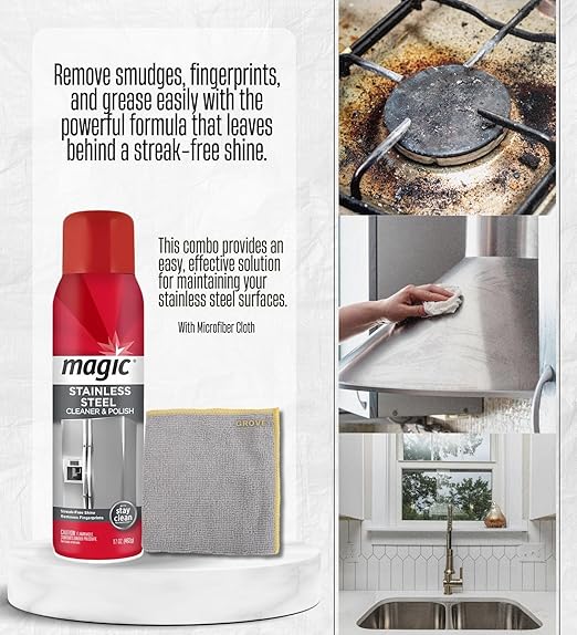 6x Stainless Steel Cleaner 17oz by Magic – Polish Wipes Bundle with Microfiber Towel – Foaming Formula Clings to Surfaces, Easy Application for Shiny Stainless – Gift Set (7 Items)