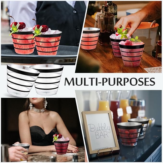 Gejoy 9 oz 50 Pcs Black Rimmed Stripe Plastic Cups Bulk Disposable Wine Hard Plastic Drinking Cocktail Cups Tumblers for Wedding Gathering Party Supplies(Black)