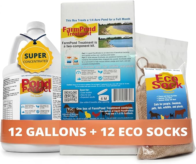 TLC Farm Pond Treatment – PondPerfect Liquid & EcoSock Dual System, Pond Bacteria for Larger Outdoor Ponds – 1 Box Treats Up to 1/4 Acre – 12 Gallon + 12 EcoSock