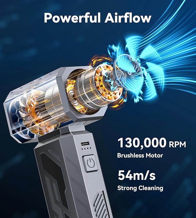 130,000 RPM Electric Air Duster & PC Cleaning Kit, Stepless Speed Adjustable Compressed Air Blower, Rechargeable Cordless Mini Turbo Fan for Keyboard, Car Detailing & Camping, Grey