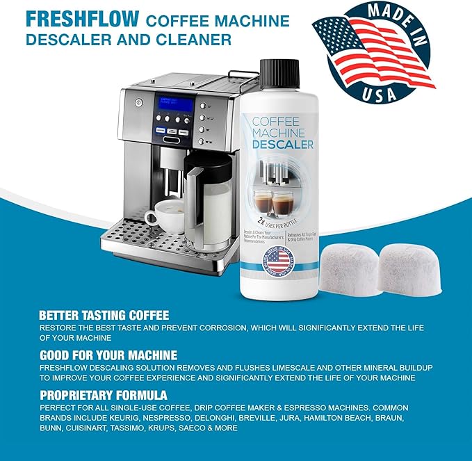 FreshFlow Keurig Compatible Descaling Solution (1 Bottle, 2 Uses Plus 2 Filters) - Universal Descaler Cleaner Concentrate Kit For All 1.0 & 2.0 K-Cup Pod Machines and Espresso Machines