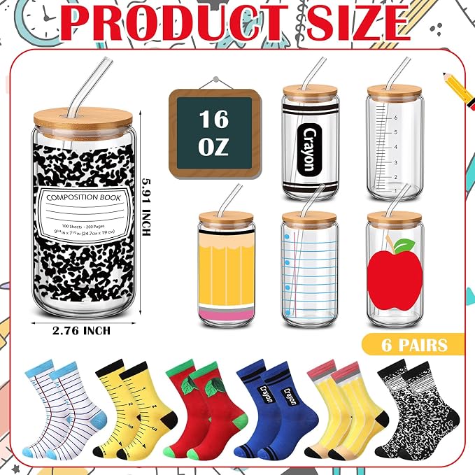 Newcotte 6 Sets Back to School Teacher Gifts Bulk 16 oz Glass Cups with Lids Straws Novelty Socks First Day of School Appreciation Gift for Women Teachers Classroom Party Supplies