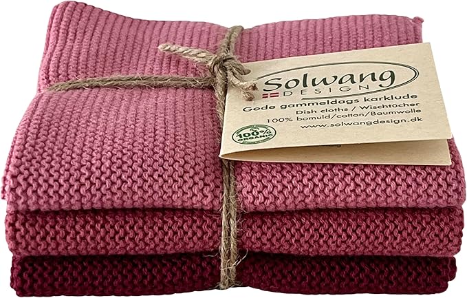 Solwang 3-Piece Danish Cotton Dishcloths in 100% Certified Organic Cotton Made in India (Dark Rose Organic Combi)