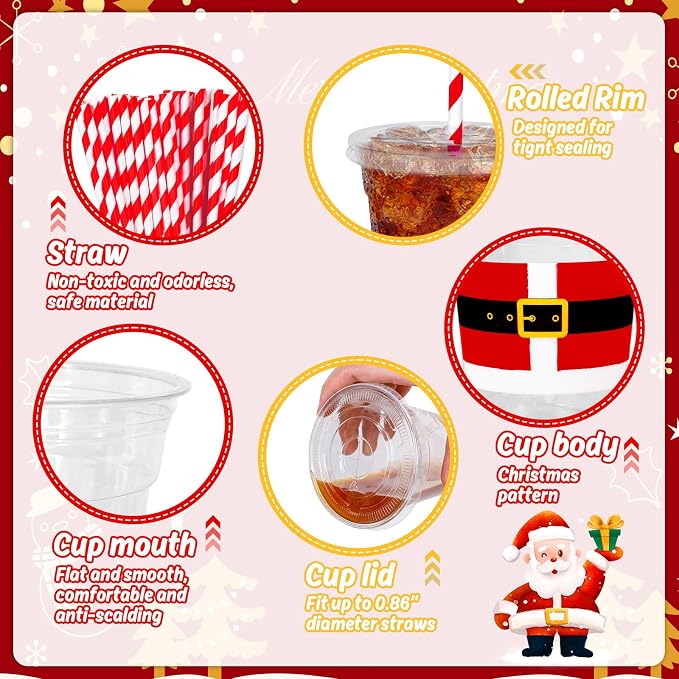 FYSUIMU 50Pcs 12Oz Christmas Disposable Plastic Cups with Lids and Straws Santa Claus Belt Cold Beverage Drinking Cup for Winter Holiday Xmas Party Favor Supplies