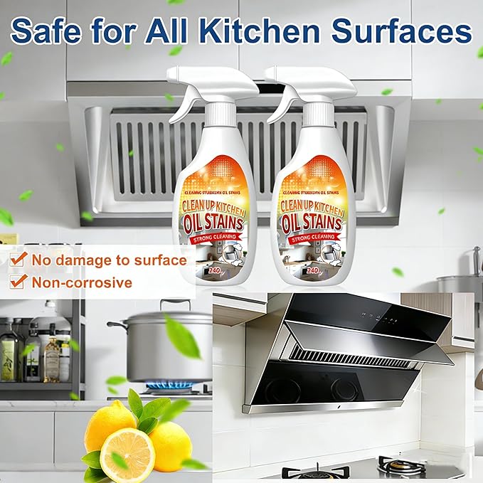 Heavy-Duty Kitchen Degreaser Spray, Multi-Purpose Foam Cleaner for Stovetops, Pans, Countertops & Appliances, Powerful on Grease and Oil Stains, No-Rinse Formula, 350ml/12oz, Lemon Scent（2 Pack）