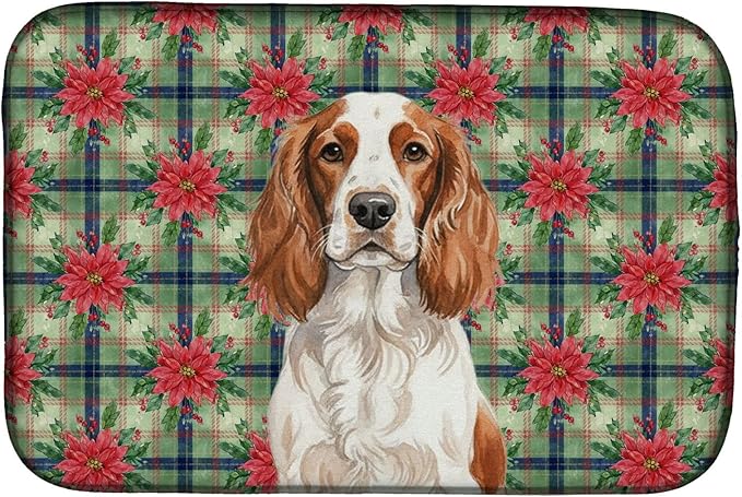 Caroline's Treasures Welsh Springer Spaniel Christmas PoinsettIas Dish Drying Mat Absorbent Dish Drying Mat Pad for Kitchen Counter Dish Drainer Mat for Countertop, 14 x 21", Multicolor