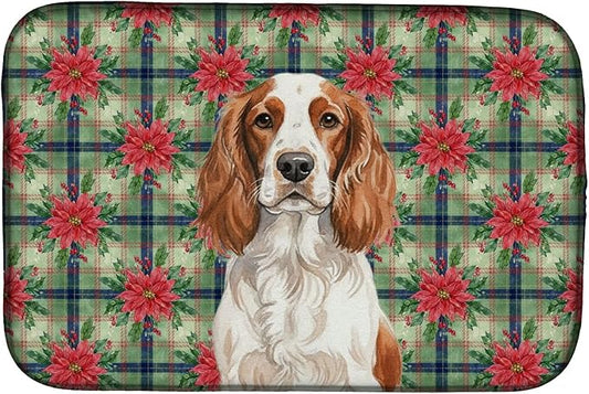 Caroline's Treasures Welsh Springer Spaniel Christmas PoinsettIas Dish Drying Mat Absorbent Dish Drying Mat Pad for Kitchen Counter Dish Drainer Mat for Countertop, 14 x 21", Multicolor