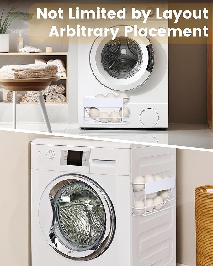 Dryer Ball Holder with Magnetic Back for Laundry Room Organization and Storage, Automatic Dryer Ball Roller Chute Container, White (No Balls)