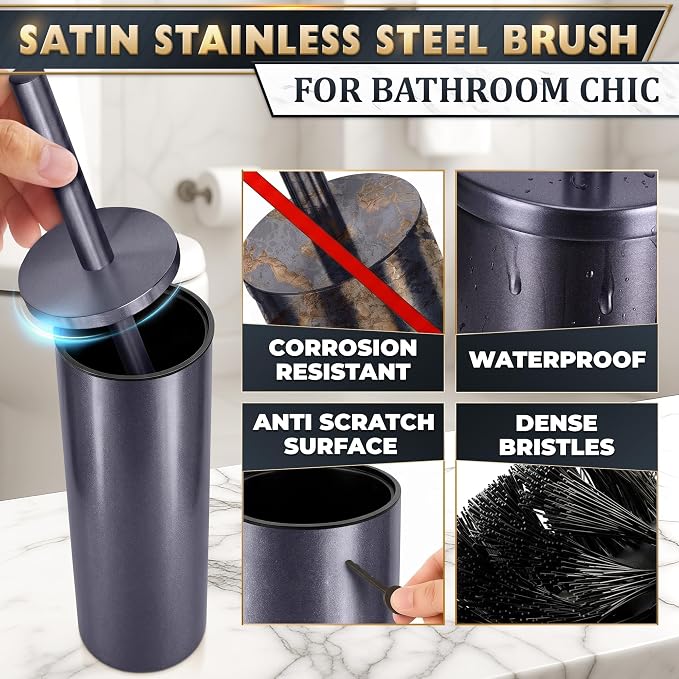 Graphite Metallic Stainless Steel Toilet Brush and Holder Set - Toilet Bowl Brush and Holder with Splash Cover, Sturdy Bristles, Corrosion & Scratch Resistant - Elegant Design, Effective Deep Cleaning