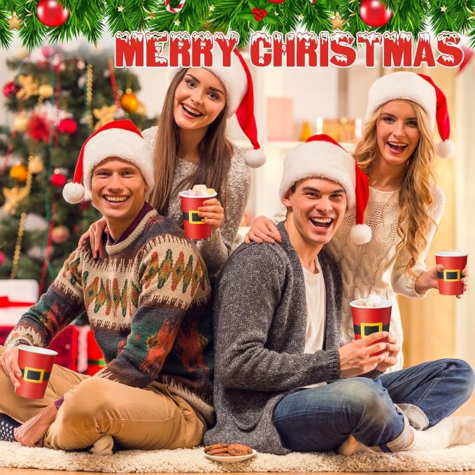 Yaomiao 300 Pcs 9 oz Christmas Paper Cups Santa Claus Belt Design Disposable Christmas Hot Cocoa Coffee Cups Bulk for Hot Cocoa Chocolate Beverage Bar for Daily Use Xmas Holiday Party Supplies