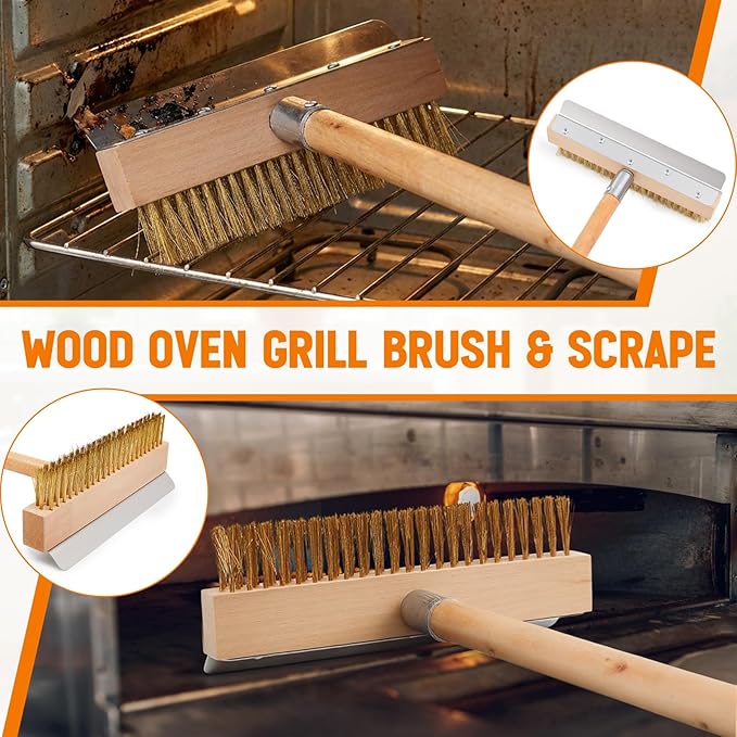 Reallnaive 1 Pack 37 Inch Wood Handle Pizza Oven Brush with Scraper Outdoor Pizza Oven Cleaning Brush Tool, Aluminum Threaded Tip, Brass Bristles with Steel Scraper