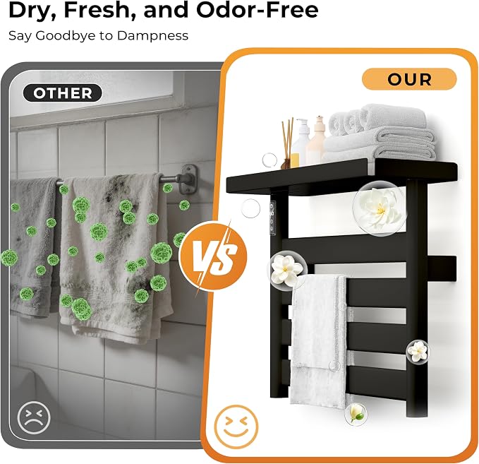 Electric Heated Towel Rack with Removable Top Shelf, Wall Mounted Bathroom Towel Warmer & Drying Rack, 158°F Fast Heating with Touch Screen Timer, Home Spa Towel Holder, Matte Black / Cream White
