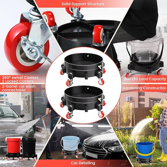 2Pcs 11 Inch Bucket Dolly, Removable Rolling Bucket Dolly, 5 Gallon Car, with 5 Heavy Duty Wheel Casters, 360°Rolling, Connectable, Locking, for Car Wash & Auto Detailing,Bearing 300lb,Black