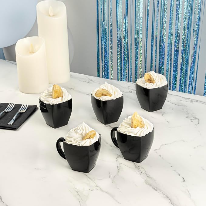 Restaurantware-5 Ounce Square Espresso Cups, 100 Disposable Plastic Coffee Cups - PS Plastic, With Handles, Black Dessert Cup, For Catering Events, Parties, Weddings, And Cafes