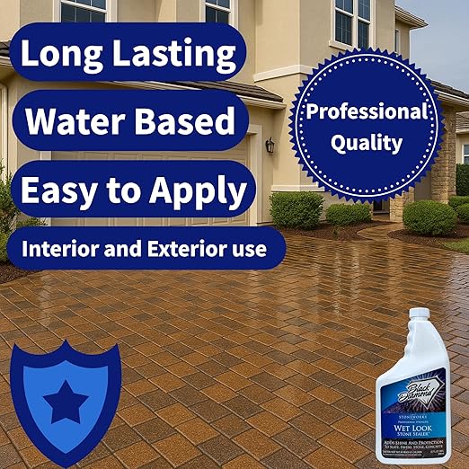Wet Look Natural Stone Sealer. Durable, Long-Lasting Gloss Protection. Interior and Exterior Pavers, Slate, Sandstone, Travertine, Flagstone, Driveways, Garage Floors, etc. Black Diamond Stoneworks