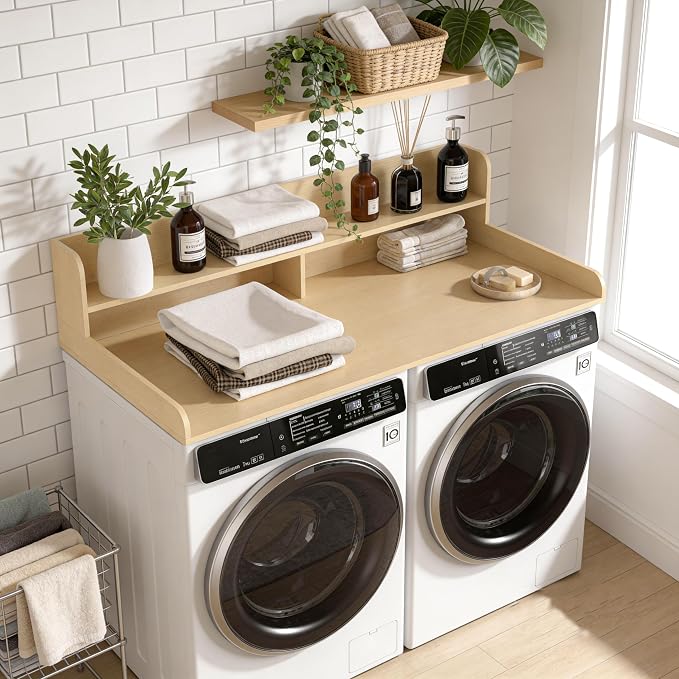 Piskyet Washer Dryer Countertop,2- Tier Laundry Countertop with Edge Rails,27.5" Depth x 54" Wood Countertop,Laundry Machine Topper for Laundry Room Organization and Storage(Natural Wood Color)
