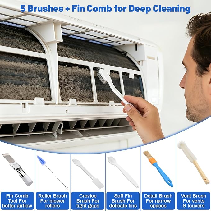 16PCS Mini Split Cleaning Kit - with 2L Pressure Sprayer, Water-Resistant PVC Bag, Brush Set and Extra Fin Comb, Wall Mounted Air Conditioner Tools - for Home DIY Maintenance