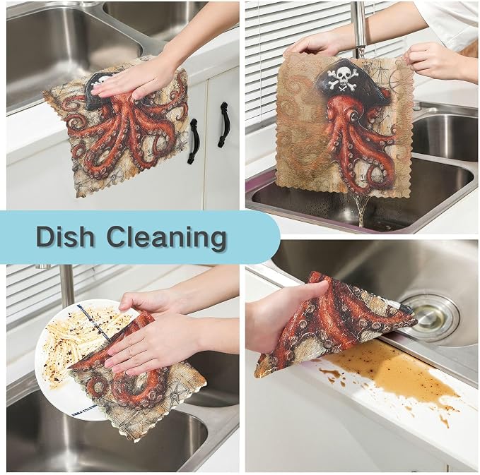 Octopus Pirate and Compass Kitchen Towels Dish Cloths Set of 6 Microfiber Cleaning Cloths for Cars Super Absorbent Machine