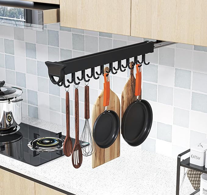 Pull-out Mop and Broom Holder with 20 Sliding Hooks, Slide Broom Closet Organizer Sliding Garage Storage Rack for Home Kitchen Wardrobe Closet Laundry Cupboard
