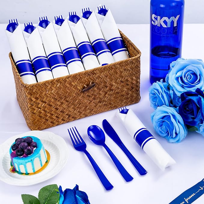 400PCS Pre Rolled Blue Plastic Silverware Sets - Heavy Duty Blue Cutlery - Include 100 Pack Wrapped Disposable Utensils with Napkins for Parties & Weddings & Independence Day & 4th of July