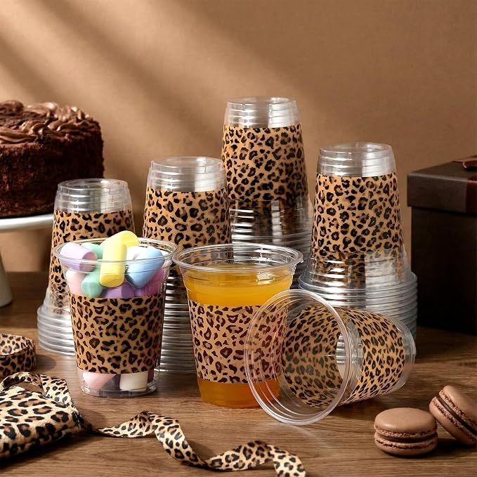 Qinyoung 100 Pcs Plastic Cups 12oz Disposable Cups Bulk Drinking Cup for Cold Drinks Baby Shower Wedding Birthday Valentine's Day Party Supplies (Leopard Print)