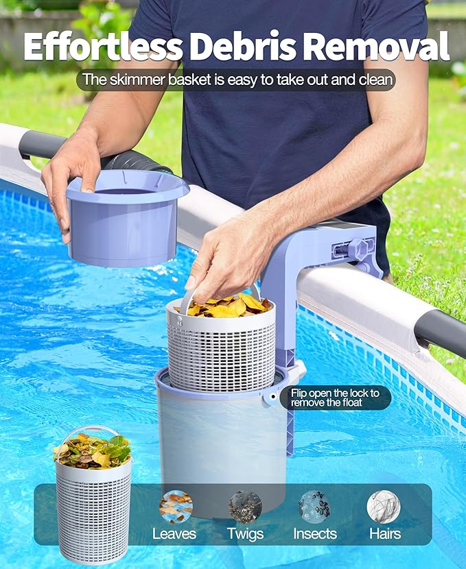 DeeprClean Newly Above Ground Pool Skimmer with Solar Digital Thermometer, Wall Mount Surface Skimmer with Adjustable Height Bracket, Auto Skimming for Pool Surface Floating Leaves & Debris-Lavender