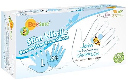 BeeSure BE1128case Slim Nitrile Powder Free Exam Gloves, 2.5 mil, White, Large (Pack of 2000)