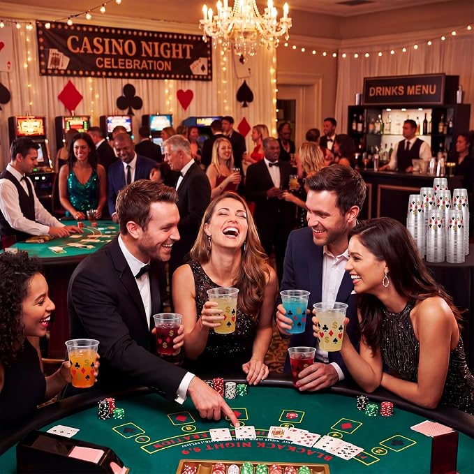 Uiifan 45 Pcs Casino Party Decorations Las Vegas Cups Casino Game Night Party Supplies 16 oz Poker Disposable Plastic Shot Cups for Hot Cold Drinking Office Home Dice Vegas Birthday Favors