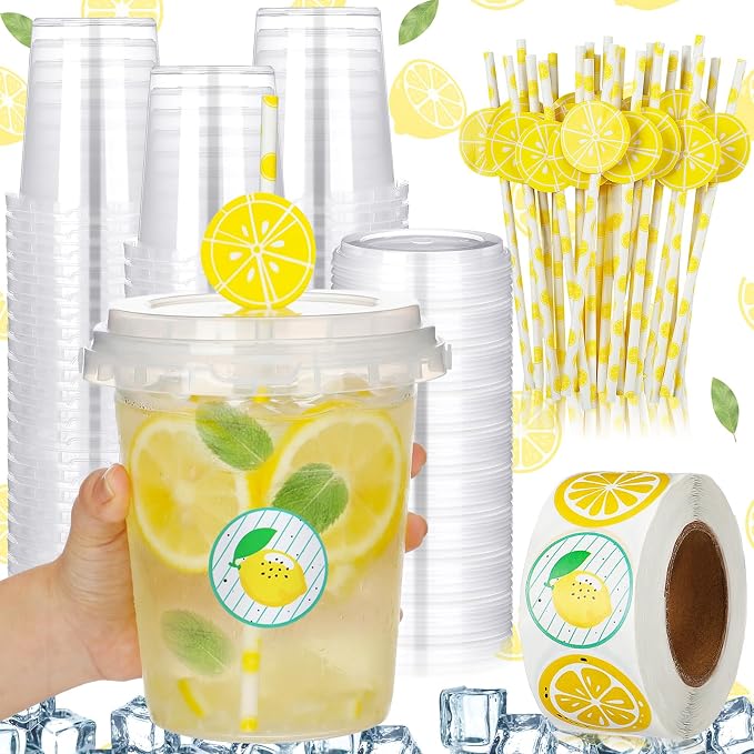 30 Sets 34 oz Large Lemon Plastic Cups with Lids Straws Stickers Lemonade Cups Yellow Cold Beverage Drinking Containers for Lemonade Bar Supplies Stand Supplies Birthday Party Decoration