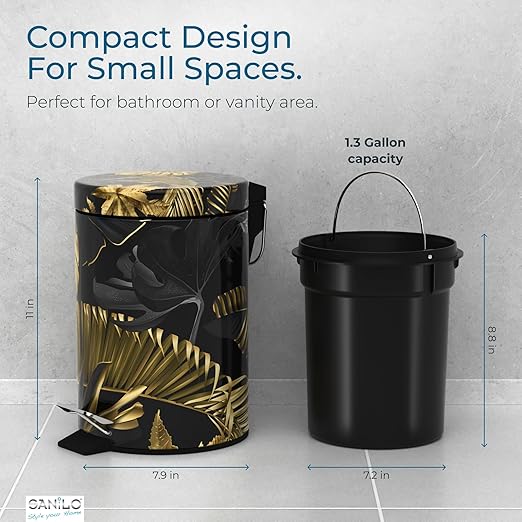 Sanilo Small Bathroom Trash Can with Lid [1.3 Gallon] - Lidded Tiny Trashcan for Garbage - Mini Metal Bin with Soft Closing Mechanism - Bath Room Accessoire Wastebin with Inner Bucket (Golden Leaves)