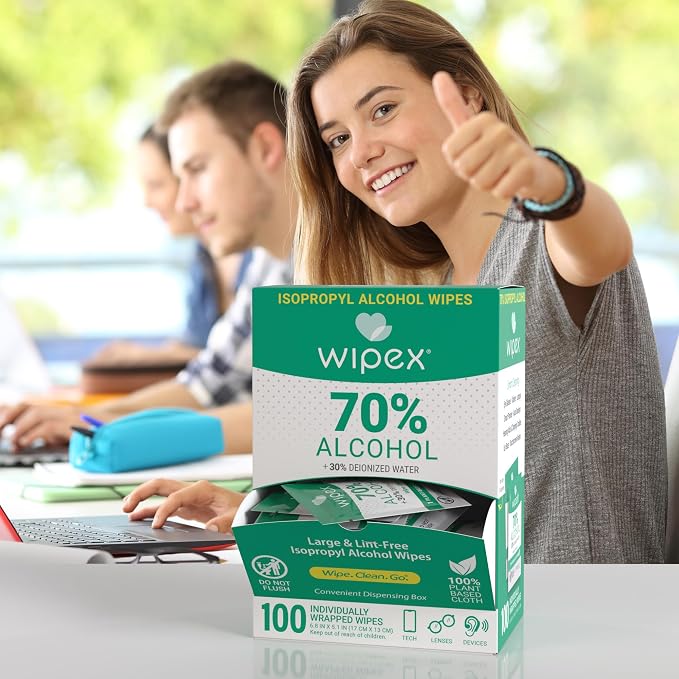 Wipex 70% Isopropyl Alcohol Wipes - Individually Wrapped Sachets, Large Electronic Wipes in Dispensing Box for Sanitizing - 100 Count (Pack of 12)