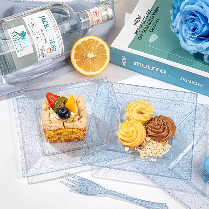DaYammi 200 Pcs Blue Glitter Dessert Plates Including 100Pcs Appetizer Plates,100Pcs Plastic Forks, Plastic Square Plate for Party,Blue Disposable plates and Cake forks for Birthday Party Wedding