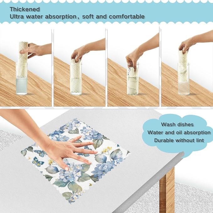 Blue Hydrangea Butterfly Kitchen Towels Dish Cloths Set of 6 Microfiber Cleaning Cloths for Cars Super Absorbent Machine