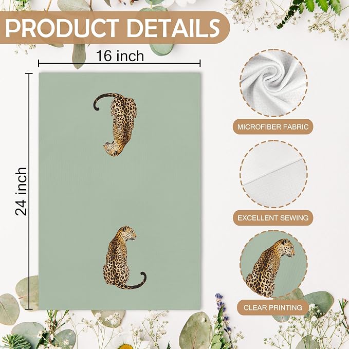 Trendy Leopard Cheetah Print Poker Lucky 8 Ball Bathroom Decor, Preppy Funky Sage Green Decor Dish Hand Towels for Bathroom Kitchen Sets of 2, Cheetah Kitchen Towels and Dishcloths, 16x24inch