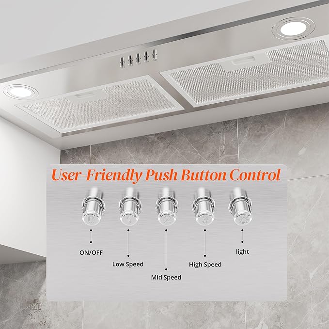 FIREGAS Range Hood 28 Inch, Built-in Stainless Steel Kitchen Vent Hood with 450 CFM, 3 Speed Exhaust Fan, 2 LED Lights & Button Control, Ducted/Ductless Convertible