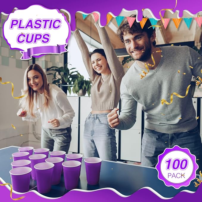Lounsweer 100 Pcs 16 oz Disposable Party Cups Plastic Heavy Duty Drinking Water Cups for Birthday Baby Shower Wedding BBQ Picnic Party Supplies(Purple)
