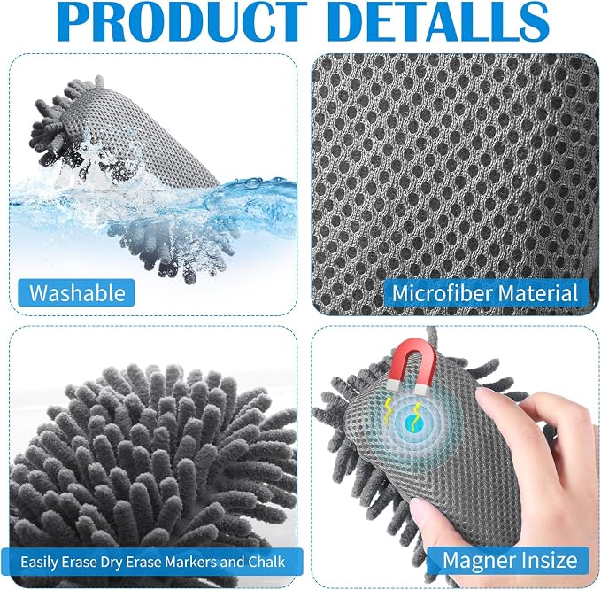 Sherr 24 Pcs Magnetic Microfiber Dry Erase Eraser Whiteboard Erasers Microfiber Shag Washable White Board Erasers Bulk for Markers Chalk Home Office(Blue,Gray)