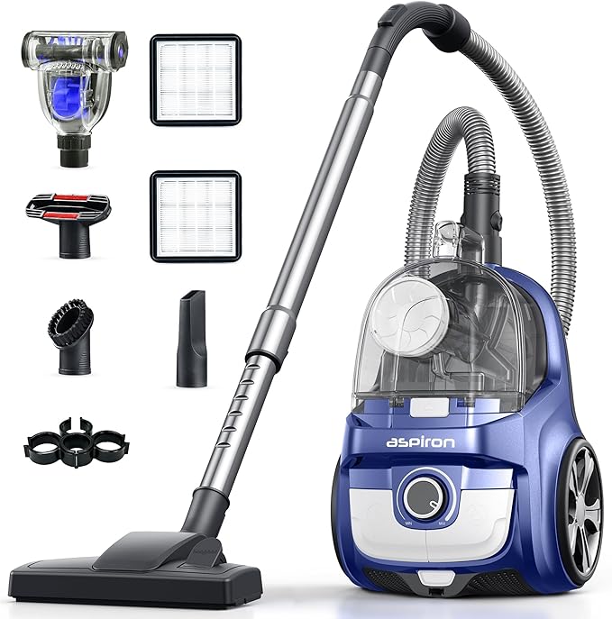 Aspiron 40Kpa Canister Vacuum Cleaner, 1600W Bagless Canister Vacuum Cleaner with 5 Tools, Auto Cord Rewind, H13 HEPA Filter, 4Qt Large Cup, for Hard Floors, Carpet, Pet, Upholstery, Tiles, Sapphire