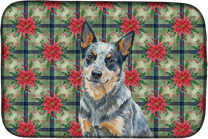 Caroline's Treasures Blue Heeler Australian Cattle Dog Christmas PoinsettIas Dish Drying Mat Absorbent Dish Drying Mat Pad for Kitchen Counter Dish Drainer Mat for Countertop, 14 x 21", Multicolor