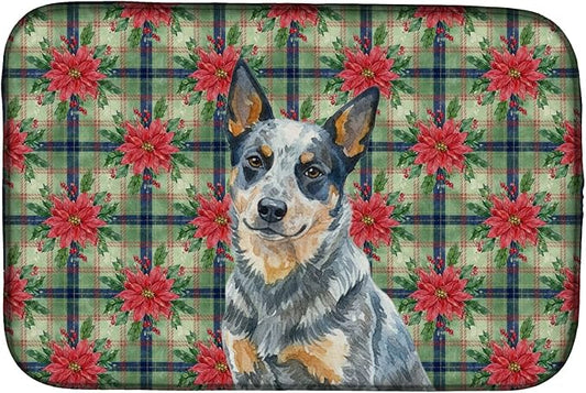 Caroline's Treasures Blue Heeler Australian Cattle Dog Christmas PoinsettIas Dish Drying Mat Absorbent Dish Drying Mat Pad for Kitchen Counter Dish Drainer Mat for Countertop, 14 x 21", Multicolor