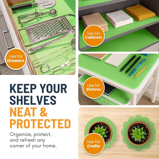 Refrigerator Liners for Shelves (12 Pack) by Linda’s Essentials - Non-Adhesive Shelf or Drawer Liner, BPA-Free Fridge Mats for Kitchen & Cabinets, Easy to Clean, Ideal Household Essentials (Green)