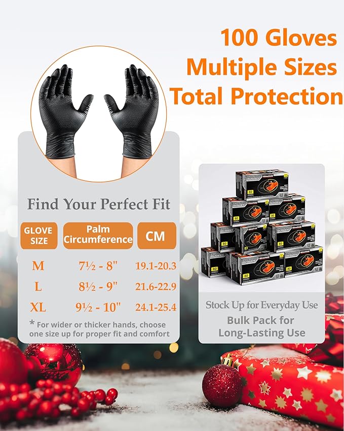 wcy 9 Mil Heavy Duty Black Nitrile Gloves,Raised Diamond Texture Grip,Industrial Mechanic Rubber Gloves Disposable Latex Free Chemical Resistant Guantes for Work,Cooking,Food Safe - Large,80Count