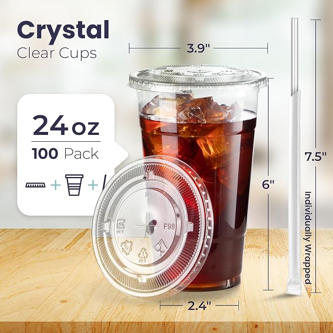Fit Meal Prep 100 Pack 24 oz Plastic Iced Coffee Cups with Flat Lids and Clear Straws, Disposable Clear Cup, BPA Free Cup for Party, Smoothie, Cold Drinks, Juice, Milkshake, Bubble Boba, Tea