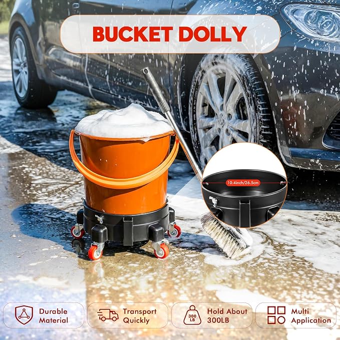 2Pcs Heavy Duty Car Wash Bucket Dolly with 360° Swivel Casters, 5 Gallon Bucket Dolly, 300 lb Capacity, Secure Fit, Round Plastic Rolling Pail Stand for Car Washing, Auto Detailing