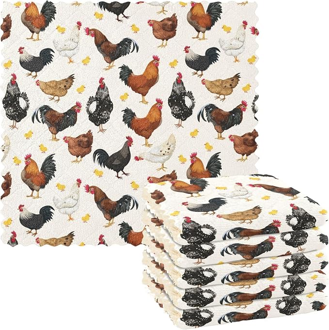 JIPONI 6 Pack Kitchen Dishcloth, Cute Chicken Rooster Pattern Absorbent Dish Towels Reusable Soft Cleaning Cloths 11 x 11 inch